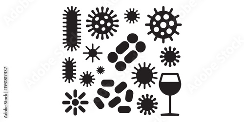 Compact Set of Bacteria and Microbe Icons with Wine Glass