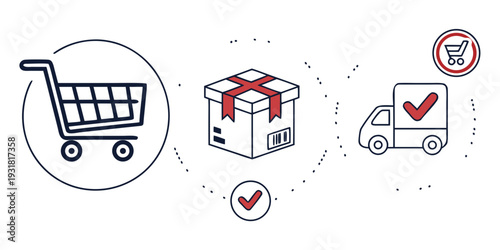 Illustration of a shopping cart, package, and delivery truck with checkmarks.