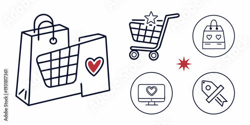 A collection of icons representing various aspects of online shopping and security.
