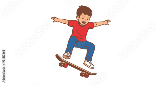 Energetic young boy skateboarding and performing a trick, isolated white background.