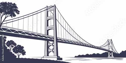 A majestic suspension bridge spanning a body of water with a tree in the foreground