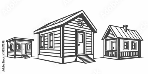 Three distinctive small houses with varying architectural styles and features