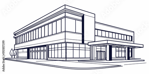 Modern office building with large glass windows and a flat roof