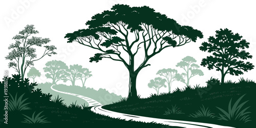 A serene landscape with a winding path and lush green trees