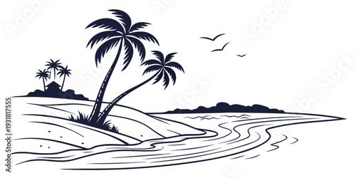 A serene beach scene with palm trees and gentle waves under a clear sky.
