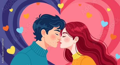 Romantic Couple Kissing with Heart Background. Sweet Love and Affection for Valentine's Day, Anniversaries, and Relationships. Flat Design Illustration.