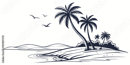 Tropical island with palm trees and birds flying in the sky
