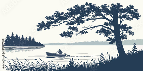 A serene lakeside scene with a lone rowboat under a large tree at dusk.