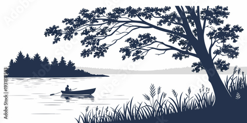 A serene lakeside scene with a small boat under a large tree