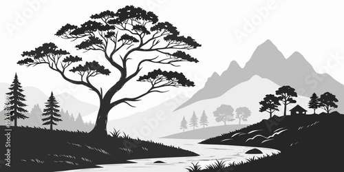 A serene landscape with a large tree and mountains in the background