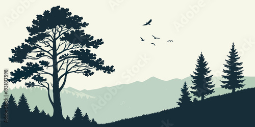 Silhouette of a tree with birds flying over a mountain landscape at sunset
