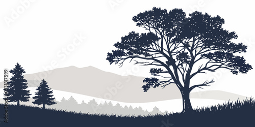 A serene landscape featuring a large tree and a hill under a clear sky