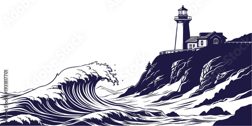 A majestic lighthouse stands tall against the crashing waves of the stormy sea.