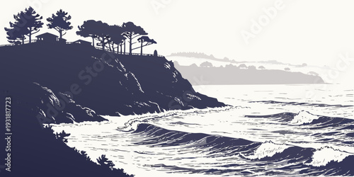 A dramatic view of a rocky coastline with crashing waves under a stormy sky