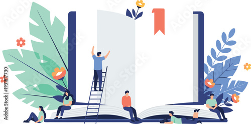 Tiny people reading and working on a giant open book with floral decoration