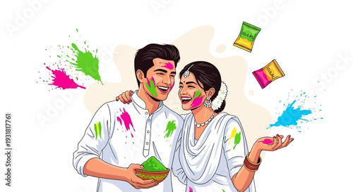 Happy Indian Couple Celebrating Holi Festival with Colorful Gulal Powder. Joyful Traditional Indian Festival of Colors. Cheerful Ethnic Couple Fun.