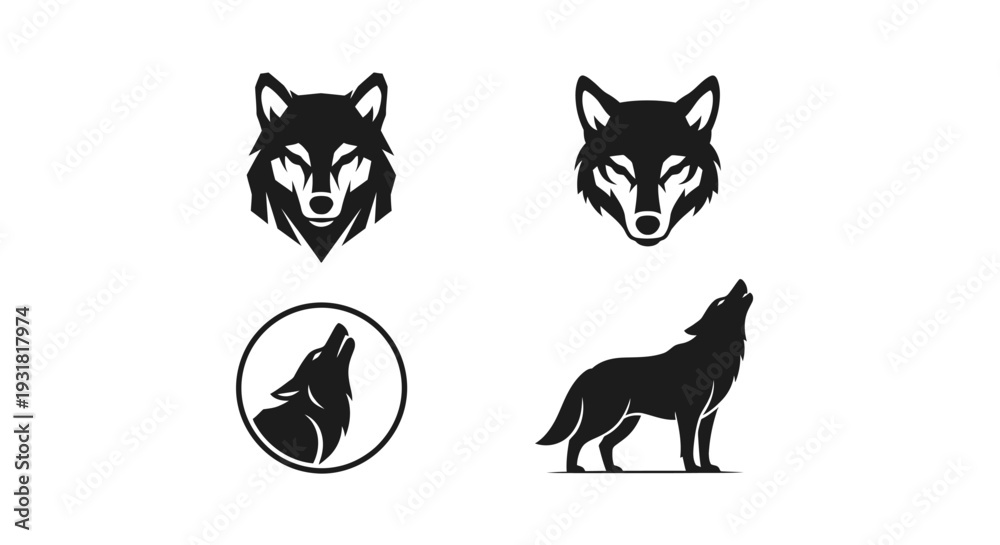 Obraz premium Minimal wolf logo silhouette set featuring 4 variations including geometric wolf head