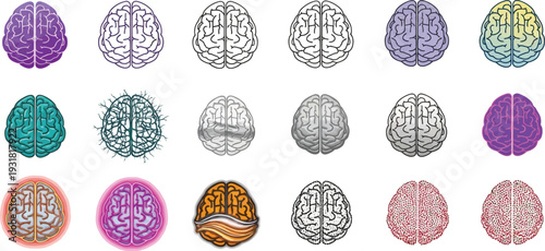 Human brain icon set showing diverse artistic styles including anatomical line art colorful flat and patterned variations