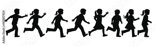 Children Running Silhouettes Row, Kids Playing and Chasing Black Vector Illustration Isolated on White