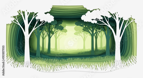 Enchanting Paper Cut Forest Landscape with Layered Green Trees and White Silhouettes