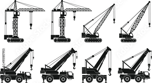 PrintSilhouettes of construction cranes, heavy lifting machinery, industrial equipment vector illustration, building site design collection