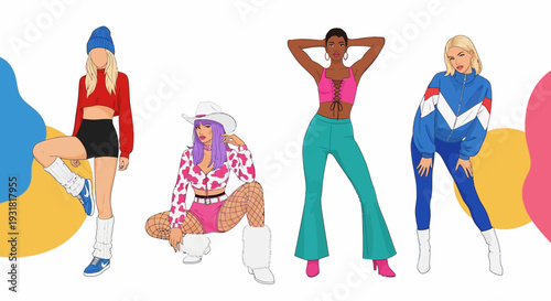 Trendy Women's Fashion Illustration: Diverse Styles, Retro & Y2K Outfits, Streetwear, 80s Pop Culture & Modern Looks