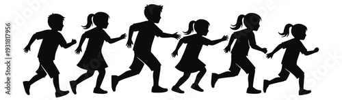Kids Walking and Running Silhouettes Row, Children Movement Black Vector Illustration Isolated on White