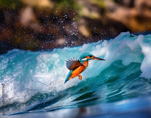vibrant kingfisher among waves in motion
