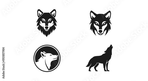 Minimal wolf logo silhouette set featuring 4 variations including geometric wolf head