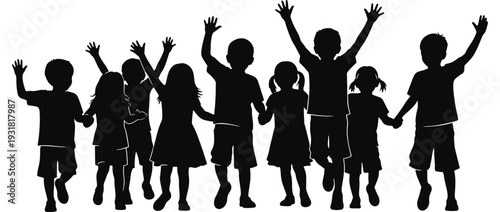 Group of Happy Kids Holding Hands Silhouettes, Children Playing Together Black Vector Illustration Isolated on White