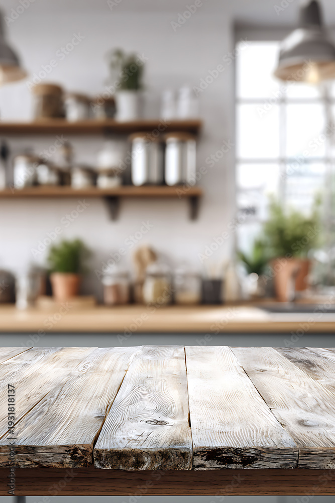 Fototapeta premium Textured Rustic Wooden Tabletop in Focus Against Bright Blurred Modern Kitchen Interior Background