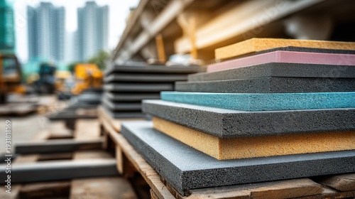 Stacked vibrant foam insulation panels on pallets at building site. Used for thermal, sound insulation in modern construction projects.
