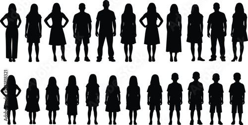 Black silhouette vector illustration of adults and children, standing poses, demographic figures, family design elements, educational artwork, vintage style, human silhouettes