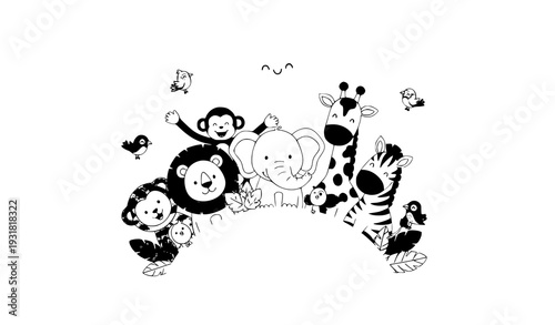 Cute Jungle Animals Gathering Under Sun Children Vector Illustration