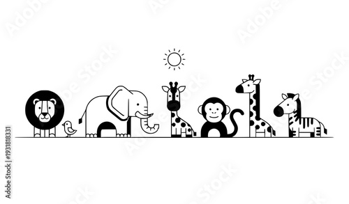 Flat Jungle Animal Collection Under Sun Minimal Kids Vector Art