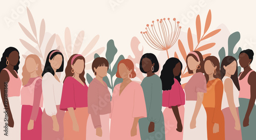 Diverse Women Standing Together: Unity, Empowerment & Community Illustration with Abstract Floral Background