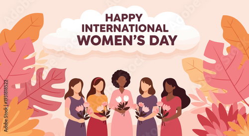 Happy International Women's Day Vector: Diverse Women with Flowers, Celebrating Female Empowerment and Global Sisterhood