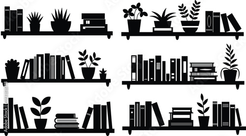 Black silhouette vector illustration of wall shelves, books, potted plants, decorative interior design, minimalist home decor, vintage style, organized shelf arrangement