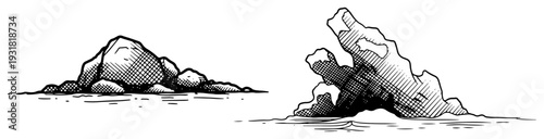 Hand drawn vector illustration of rocky mountains and islands with vintage cross hatching texture