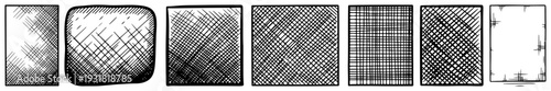 Set of hand drawn squares with various cross hatching and shading textures in ink sketch style