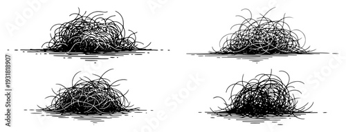 Hand drawn set of tumbleweeds and dry bushes in vintage engraving style