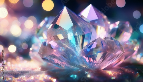 sparkling crystal cluster with iridescent pastel colors and bokeh lights