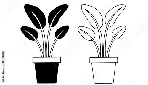 Potted houseplant vector icon set in silhouette and outline style.