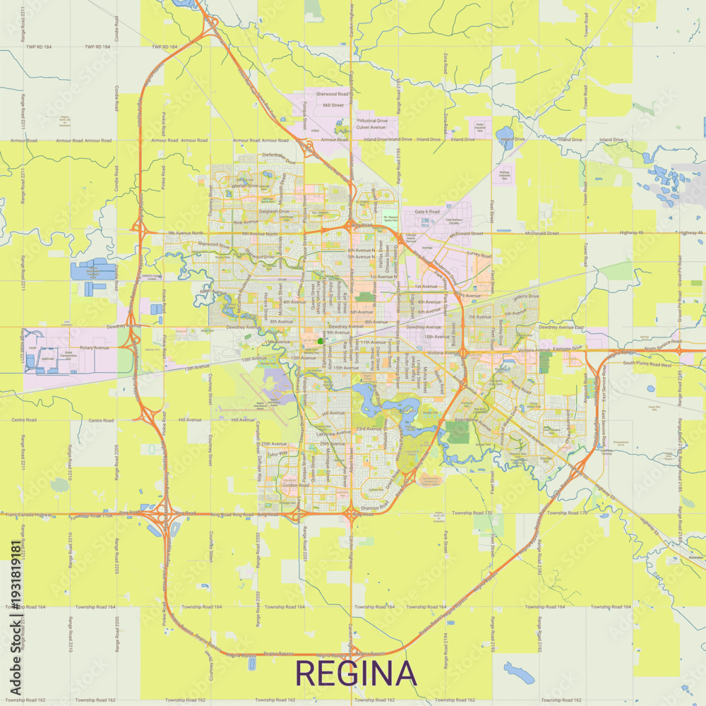 Naklejka premium Detailed Street Map of Regina, Saskatchewan, Canada