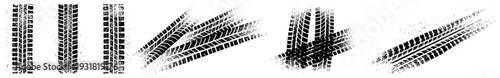 Collection of vintage hand drawn tire tracks and wheel marks with textured details