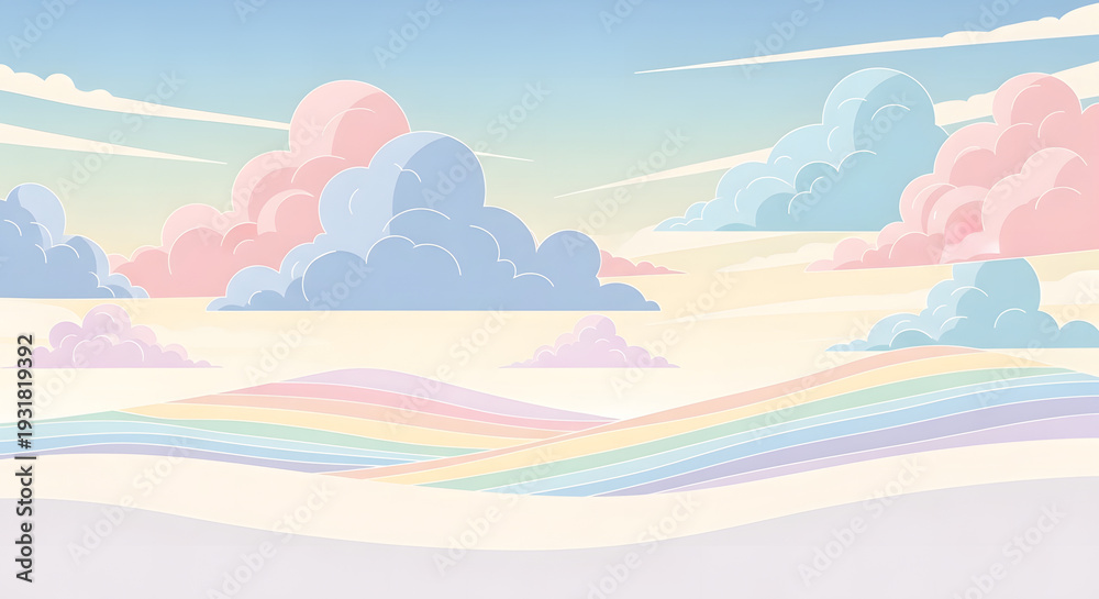 Fototapeta premium Dreamy pastel landscape with soft clouds and rainbow hills peaceful sky background