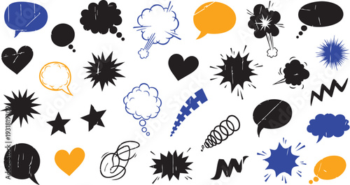 Collection of comic book style speech bubbles and sound effects symbols