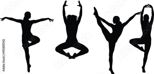 
yoga pose, ballet dancer, dance silhouette, fitness posture, graceful movement, artistic vector