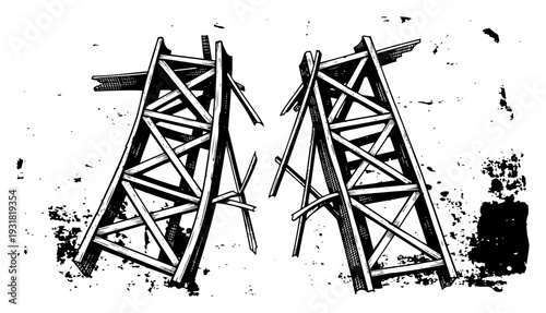 Hand drawn broken wooden scaffolding structures in vintage engraving style