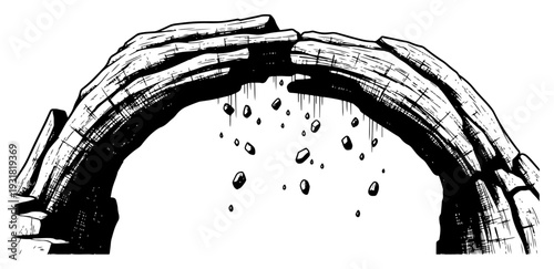 Hand drawn crumbling stone archway with falling rocks in vintage engraving style
